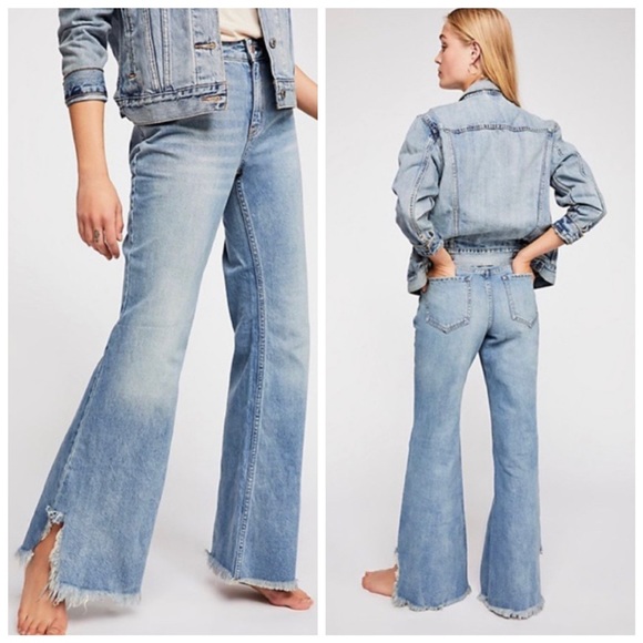 Free People Denim - Free People Vintage Raw Hem Flared Boho Mid Rise Jeans Maya Blue Size 26